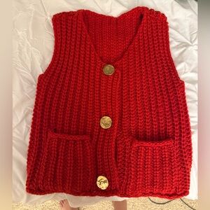 Chunky Red Knit Vest with Gold Buttons